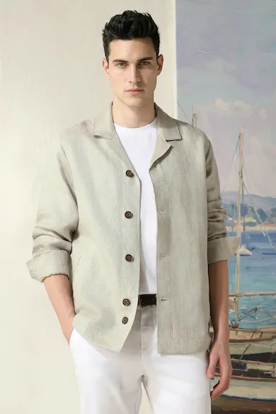 Men 100% Linen Casual Beige Solid Shacket